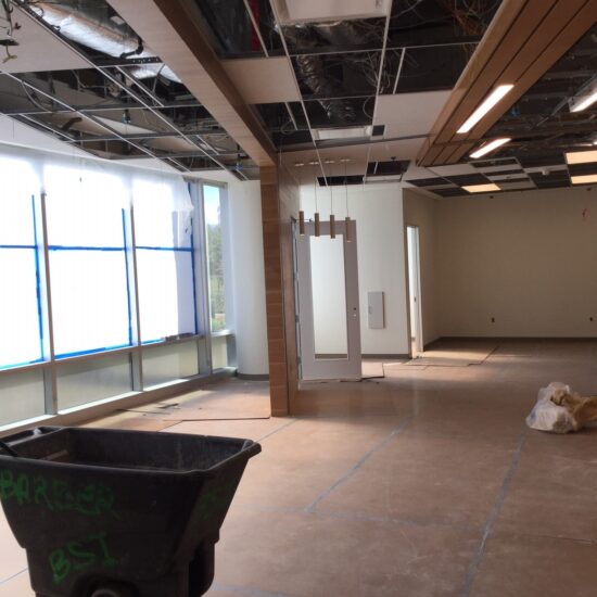 Suspended acoustical ceiling grid part-way through installation at McKesson